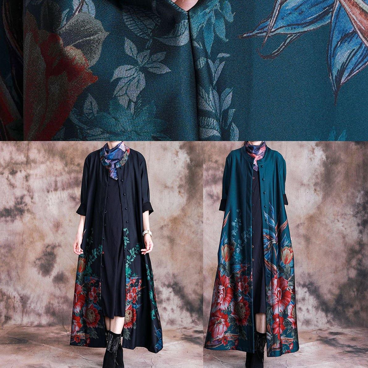 women green print Coat Women Loose fitting long fall coats Button Down - SooLinen