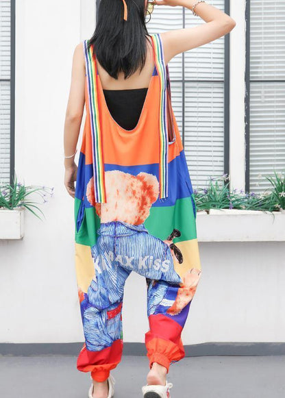 women jumpsuit cartoon print loose ming harem strap pants - SooLinen