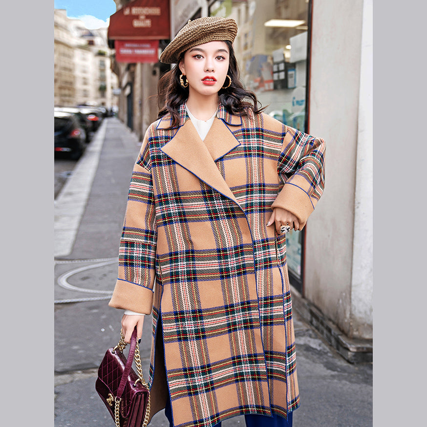 Damen Khaki Plaid Mäntel Plus Size Kerb Wintermantel feine seitlich offene Taschen Wolljacken