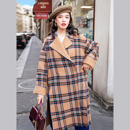 Damen Khaki Plaid Mäntel Plus Size Kerb Wintermantel feine seitlich offene Taschen Wolljacken