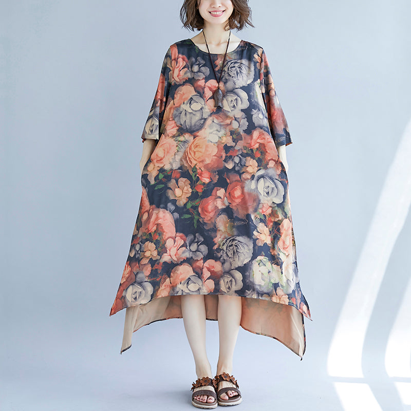 Khakifarbenes Maxikleid aus Baumwollmischung für Damen, trendiger Übergrößendruck, lange Kleider mit halben Ärmeln, neue O-Ausschnitt-Kleidung aus Baumwollmischung