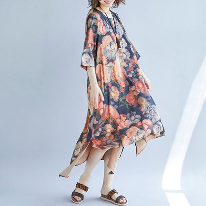 Khakifarbenes Maxikleid aus Baumwollmischung für Damen, trendiger Übergrößendruck, lange Kleider mit halben Ärmeln, neue O-Ausschnitt-Kleidung aus Baumwollmischung