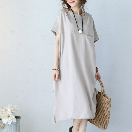 Damen Khaki Baumwollkleid Oversize Reisekleid Boutique Kurzarm O Hals Naturbaumwollkleid