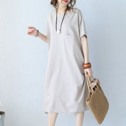 Damen Khaki Baumwollkleid Oversize Reisekleid Boutique Kurzarm O Hals Naturbaumwollkleid
