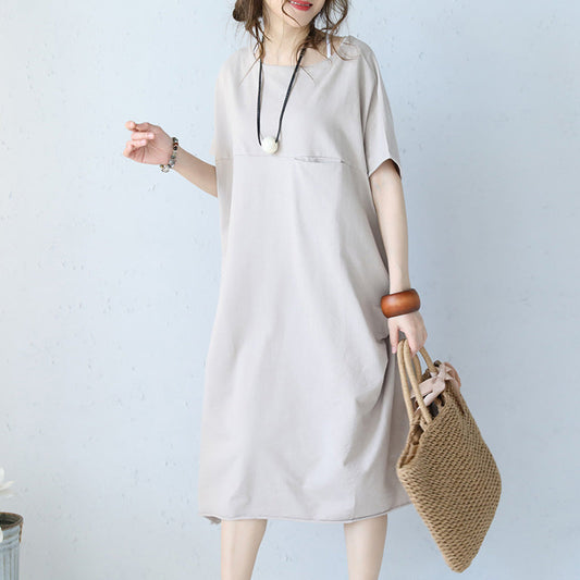 Damen Khaki Baumwollkleid Oversize Reisekleid Boutique Kurzarm O Hals Naturbaumwollkleid