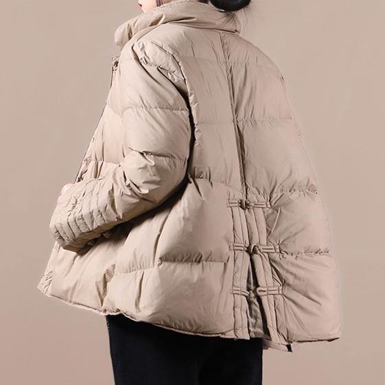 women khaki down coat winter stand collar Chinese Button Luxury overcoat - SooLinen