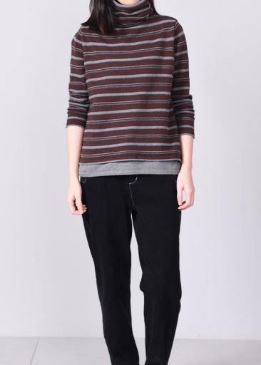 women khaki striped knitted tops oversized high neck knit sweater long sleeve - SooLinen