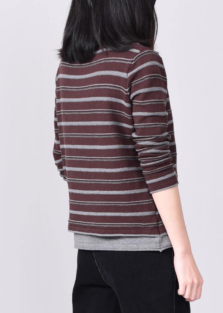 women khaki striped knitted tops oversized high neck knit sweater long sleeve - SooLinen