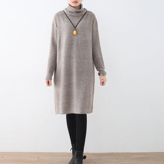 Khakifarbenes Pulloverkleid für Damen, Herbstmode, hoher Halsausschnitt, Herbstkleider im Vintage-Stil, ausgehöhlte Herbstkleider