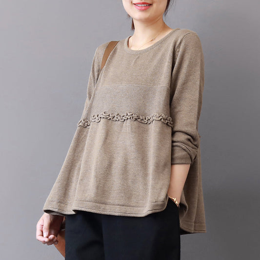 Frauen khaki pullover herbst mode patchwork pullover vintage rüschen herbst bluse