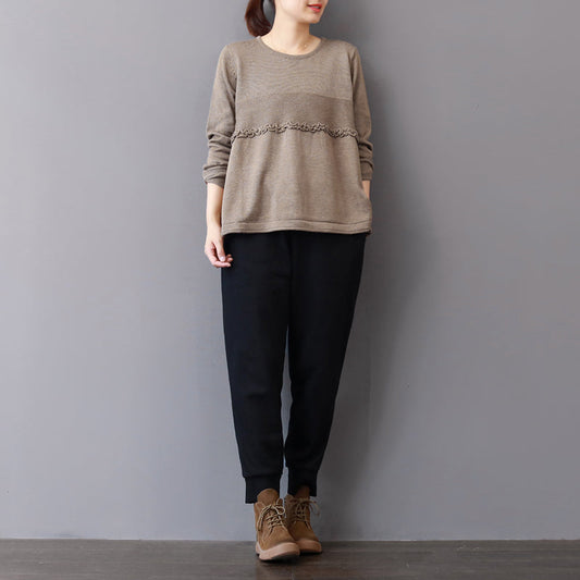 Frauen khaki pullover herbst mode patchwork pullover vintage rüschen herbst bluse