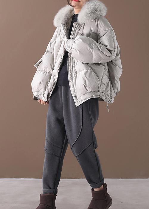 women light gray down jacket oversize down jacket fur collar drawstring Luxury coats - SooLinen