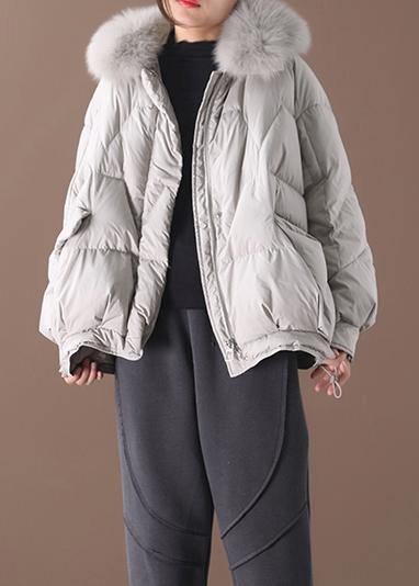 women light gray down jacket oversize down jacket fur collar drawstring Luxury coats - SooLinen