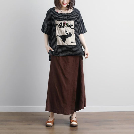 Damen Leinenbluse Locker sitzend Lässig Streifen Kurzarm High-Low Saum Stickerei Tops