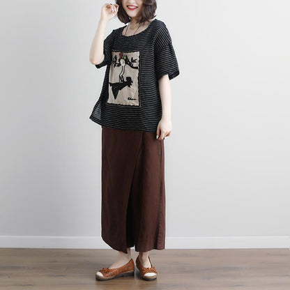 women linen blouse Loose fitting Casual Stripe Short Sleeve High-low Hem Embroidery Tops