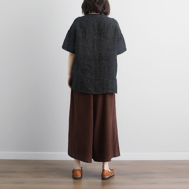 women linen blouse Loose fitting Casual Stripe Short Sleeve High-low Hem Embroidery Tops