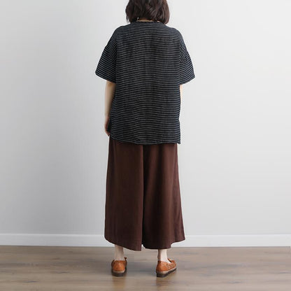 women linen blouse Loose fitting Casual Stripe Short Sleeve High-low Hem Embroidery Tops