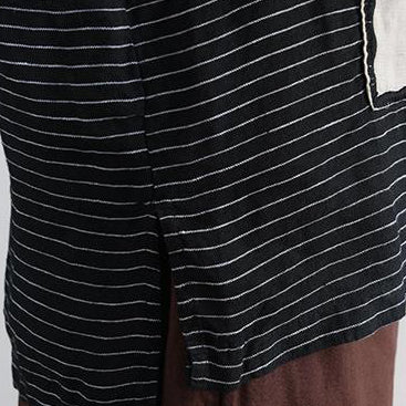 women linen blouse Loose fitting Casual Stripe Short Sleeve High-low Hem Embroidery Tops