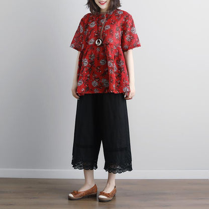 Damen Leinentops Locker sitzend Rundhalsausschnitt Lässige Sommer Kurzarm Floral Rote Bluse