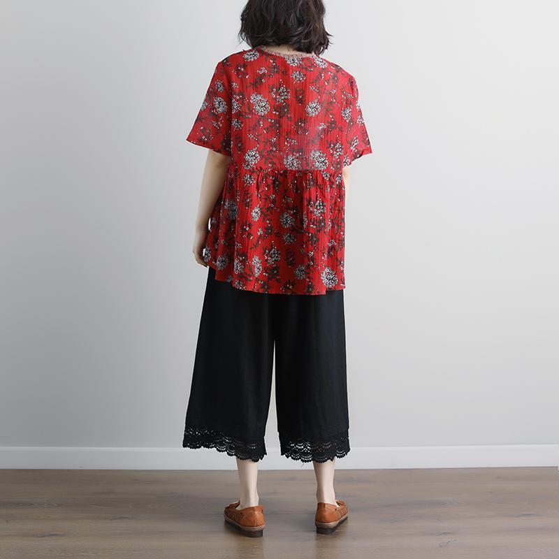 Damen Leinentops Locker sitzend Rundhalsausschnitt Lässige Sommer Kurzarm Floral Rote Bluse