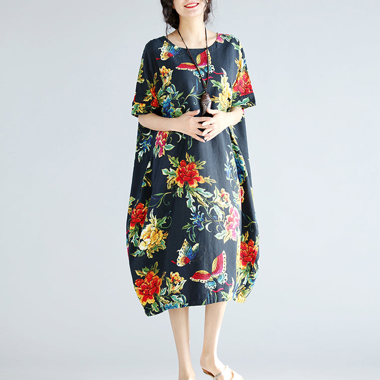Marineblaue Leinen-Etuikleider für Damen, trendige Urlaubskleider in Übergröße, neues kurzärmliges Leinenkleid mit Blumenmuster