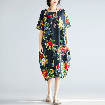 Marineblaue Leinen-Etuikleider für Damen, trendige Urlaubskleider in Übergröße, neues kurzärmliges Leinenkleid mit Blumenmuster