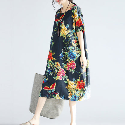Marineblaue Leinen-Etuikleider für Damen, trendige Urlaubskleider in Übergröße, neues kurzärmliges Leinenkleid mit Blumenmuster