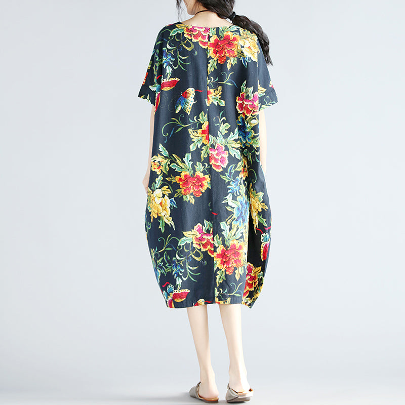 Marineblaue Leinen-Etuikleider für Damen, trendige Urlaubskleider in Übergröße, neues kurzärmliges Leinenkleid mit Blumenmuster
