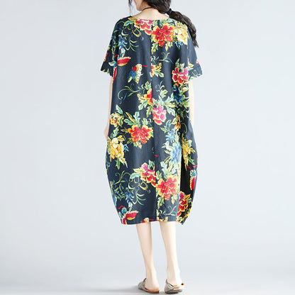 Marineblaue Leinen-Etuikleider für Damen, trendige Urlaubskleider in Übergröße, neues kurzärmliges Leinenkleid mit Blumenmuster