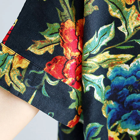Marineblaue Leinen-Etuikleider für Damen, trendige Urlaubskleider in Übergröße, neues kurzärmliges Leinenkleid mit Blumenmuster