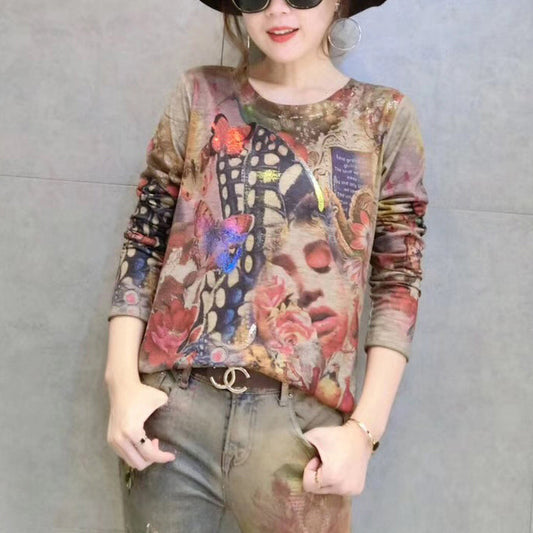 Frauen neue gold drucke baumwolle pullover plus größe wilden o neck elastische stricken