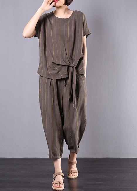 women new gray cotton linen loose clothes vintage short sleeve two pieces - SooLinen