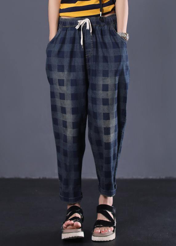 women new navy plaid cotton casual pant vintage elastic waist pants - SooLinen