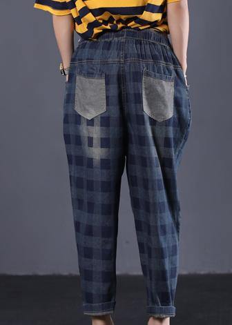 women new navy plaid cotton casual pant vintage elastic waist pants - SooLinen