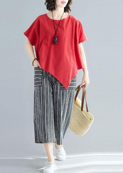 women new red casual asymmetric hem tops and striped crop pants - SooLinen