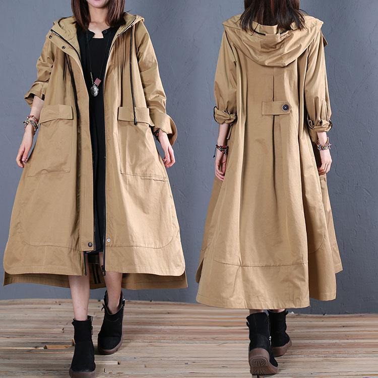 women oversize long winter coat fall khaki hooded low high design jackets - SooLinen