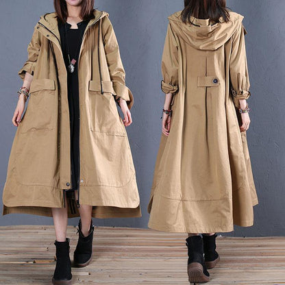 women oversize long winter coat fall khaki hooded low high design jackets - SooLinen