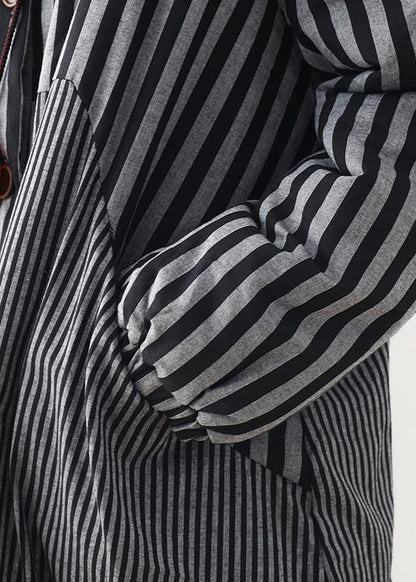 women oversize winter jacket POLO collar outwear gray striped patchwork thick women parka - SooLinen