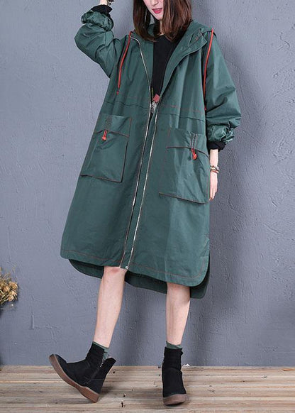women oversized maxi coat fall green side open hooded Coats - SooLinen