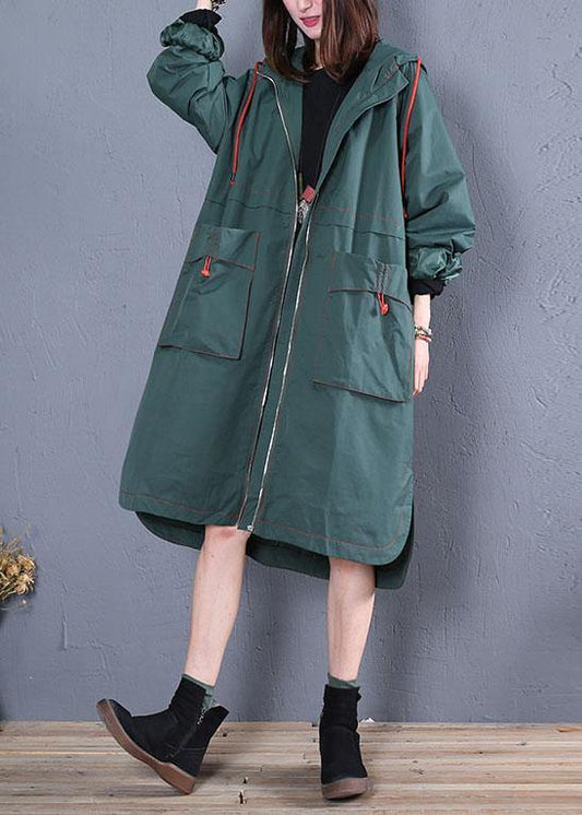 women oversized maxi coat fall green side open hooded Coats - SooLinen