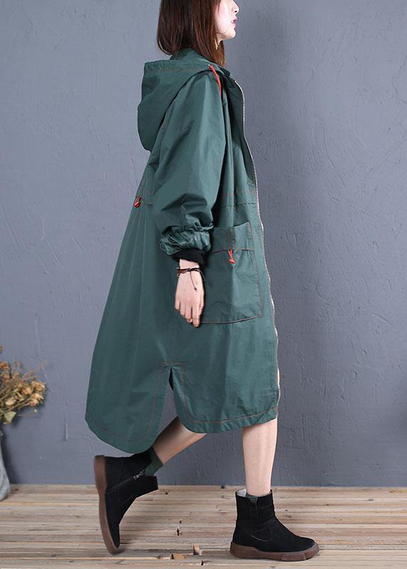 women oversized maxi coat fall green side open hooded Coats - SooLinen