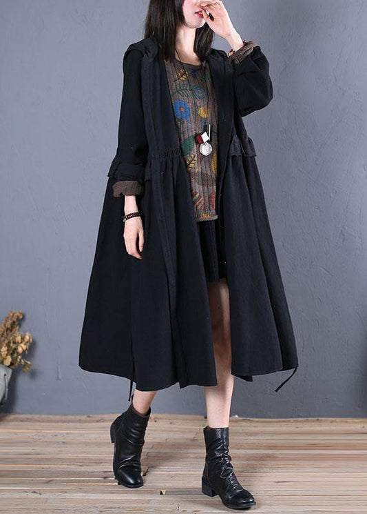 women oversized trench coat fall black hooded ruffles overcoat - SooLinen