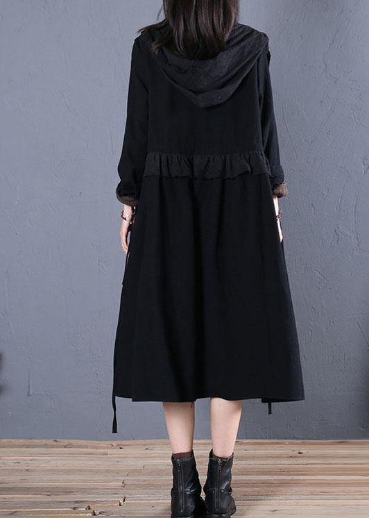 women oversized trench coat fall black hooded ruffles overcoat - SooLinen