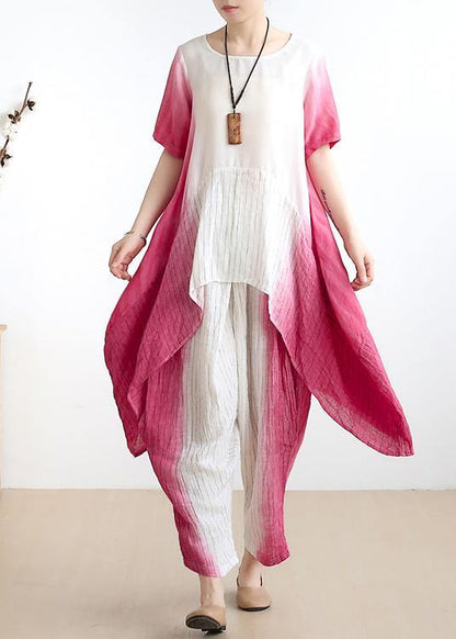 women pink o neck asymmetric tops +elastic waist wide leg pants - SooLinen