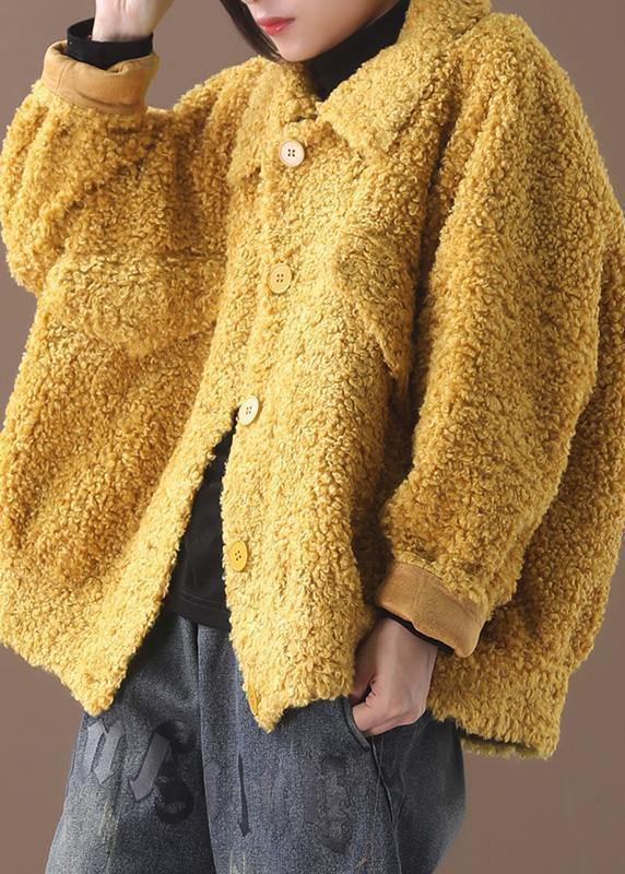 women plus size Coats yellow lapel Button Woolen Coats - SooLinen