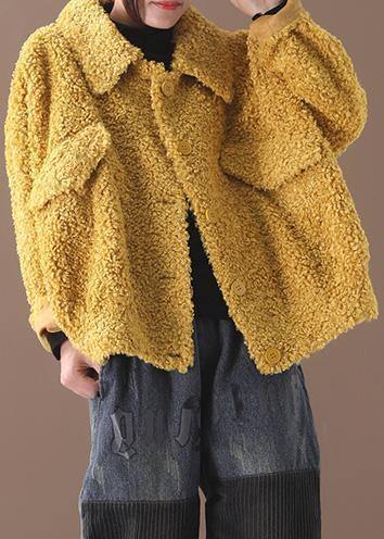 women plus size Coats yellow lapel Button Woolen Coats - SooLinen