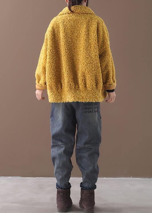 women plus size Coats yellow lapel Button Woolen Coats - SooLinen