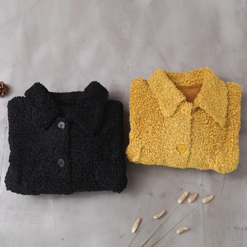 women plus size Coats yellow lapel Button Woolen Coats - SooLinen
