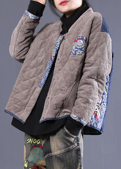 women plus size Jackets overcoat gray patchwork blue stand collar parkas - SooLinen