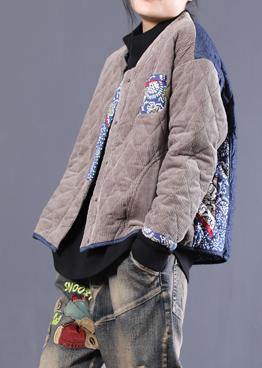 women plus size Jackets overcoat gray patchwork blue stand collar parkas - SooLinen